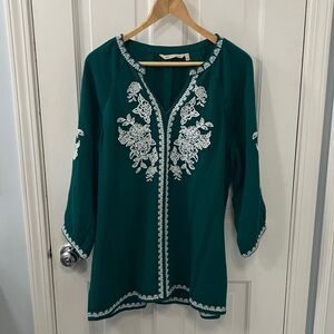 Soft Surroundings Katie Gauze Tunic Embroidered Teal green Women's Top medium